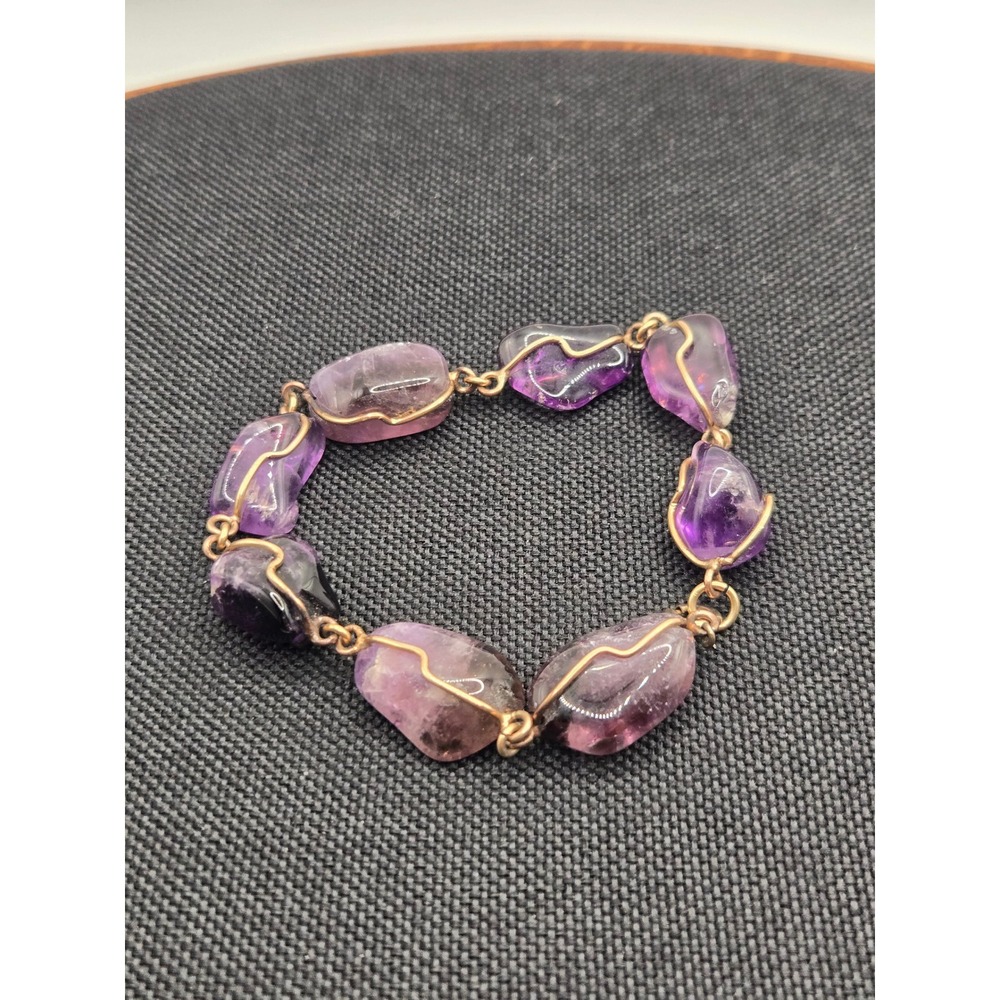 Vintage Amethyst Nugget Wire Wrapped Bracelet Gold Tone Purple Stone 7 Inch